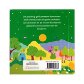 Groene kartonnen boek met kleurrijke illustraties van bomen en huizen over profeet Sulayman